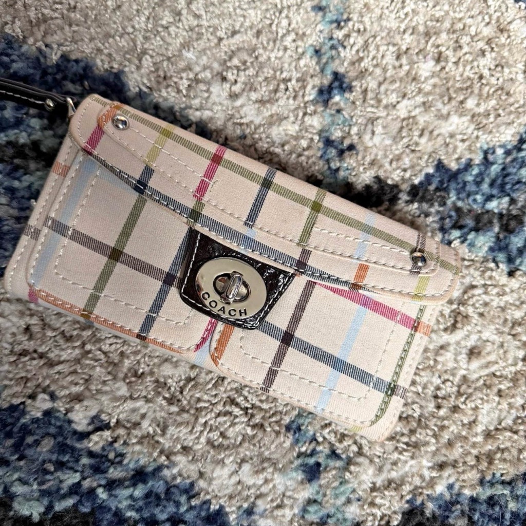 Coach Multicolor Plaid Turnlock Wristlet On Cream